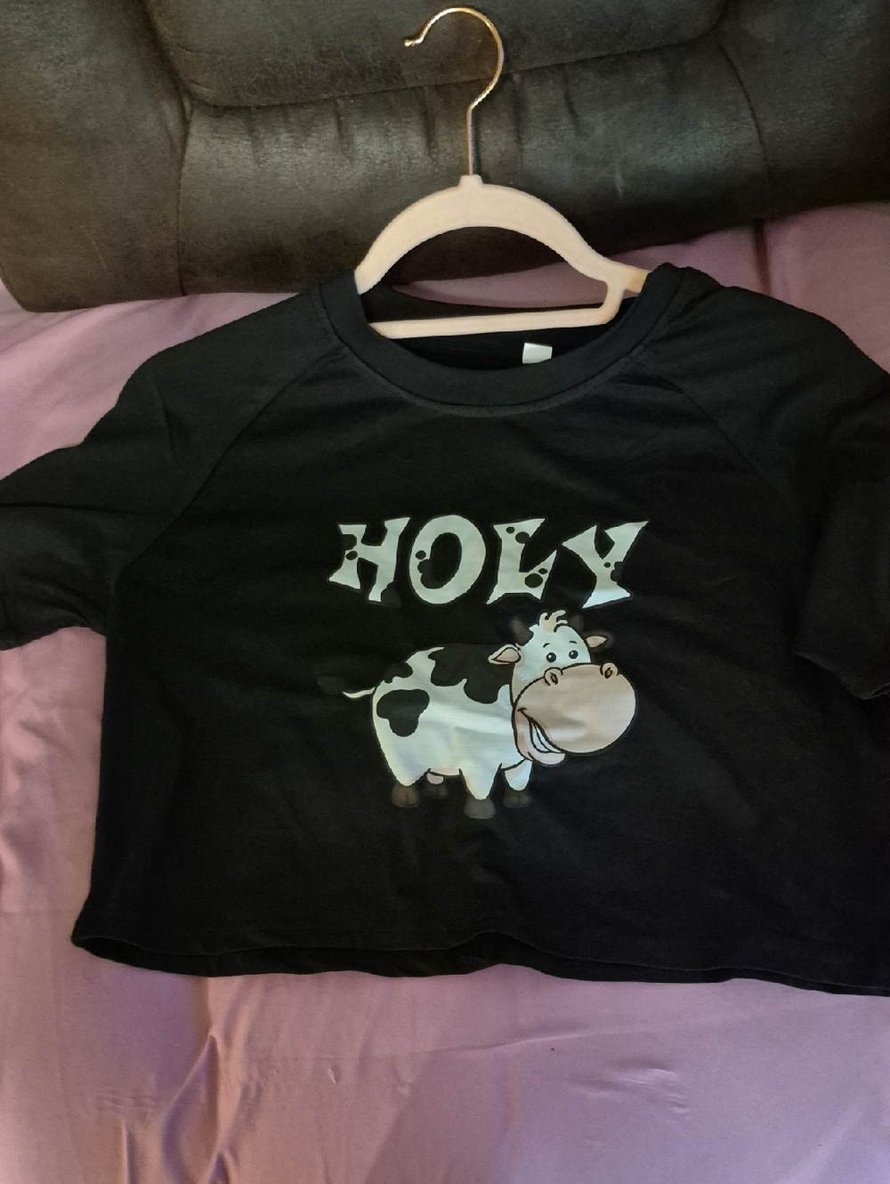 Black Crop Top with 'HOLY' Cow Graphic - Casual Women’s Tee